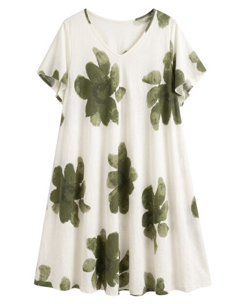 Vestido Floral: vestido floral midi de lino para mujer real de tallas grandes con cuello en pico, manga corta fluida y estampado de flores grandes de Quiles_Shop.