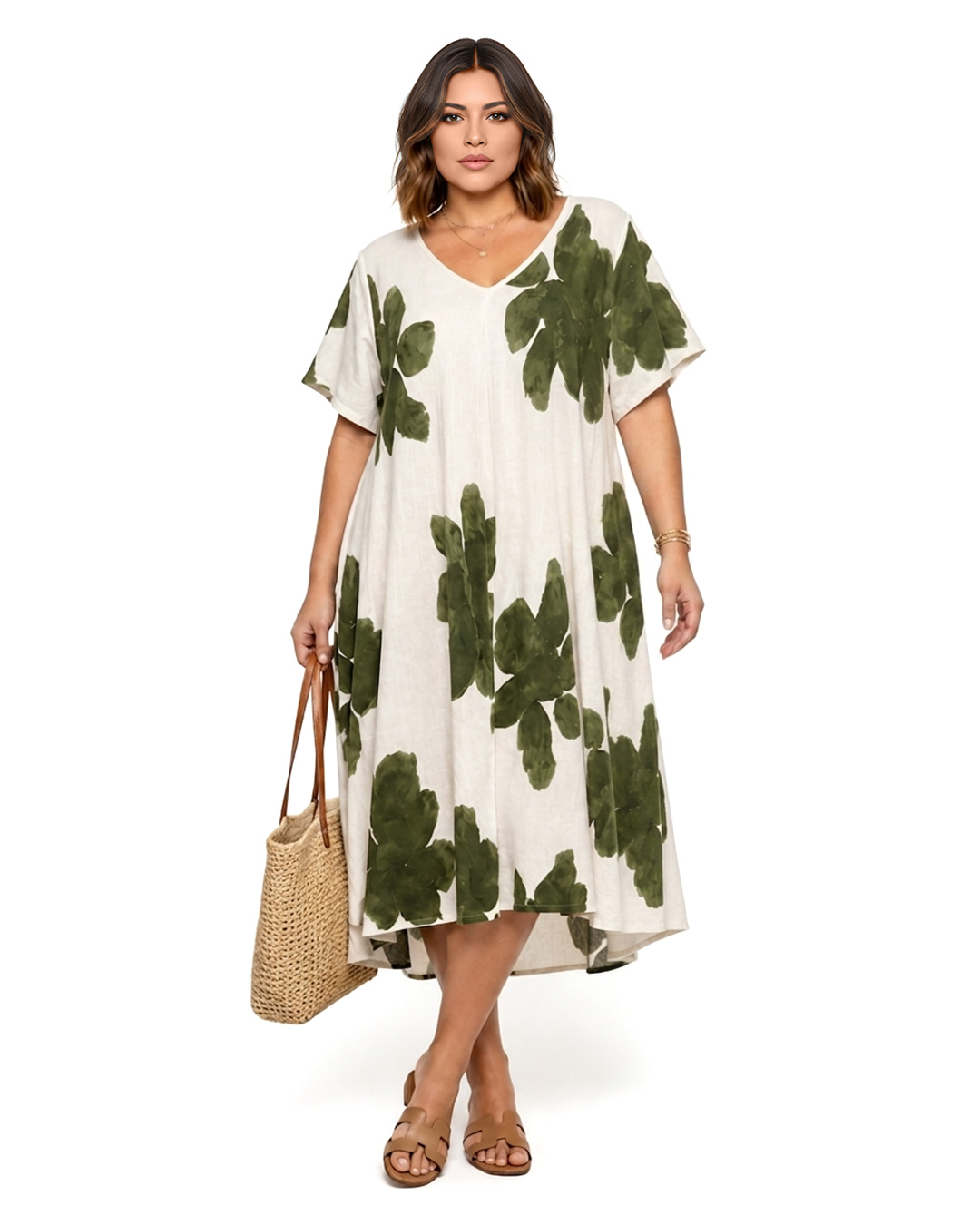 Vestido Floral: vestido floral midi de lino para mujer real de tallas grandes con cuello en pico, manga corta fluida y estampado de flores grandes de Quiles_Shop.