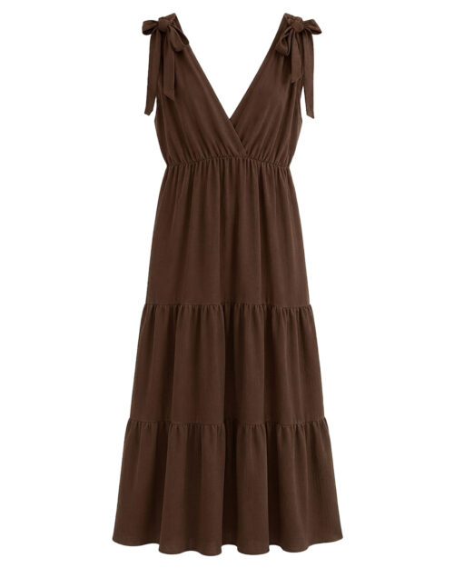Vestido Gea: vestido gea largo boho chic en color chocolate con tirantes de lazada de Quiles_Shop.