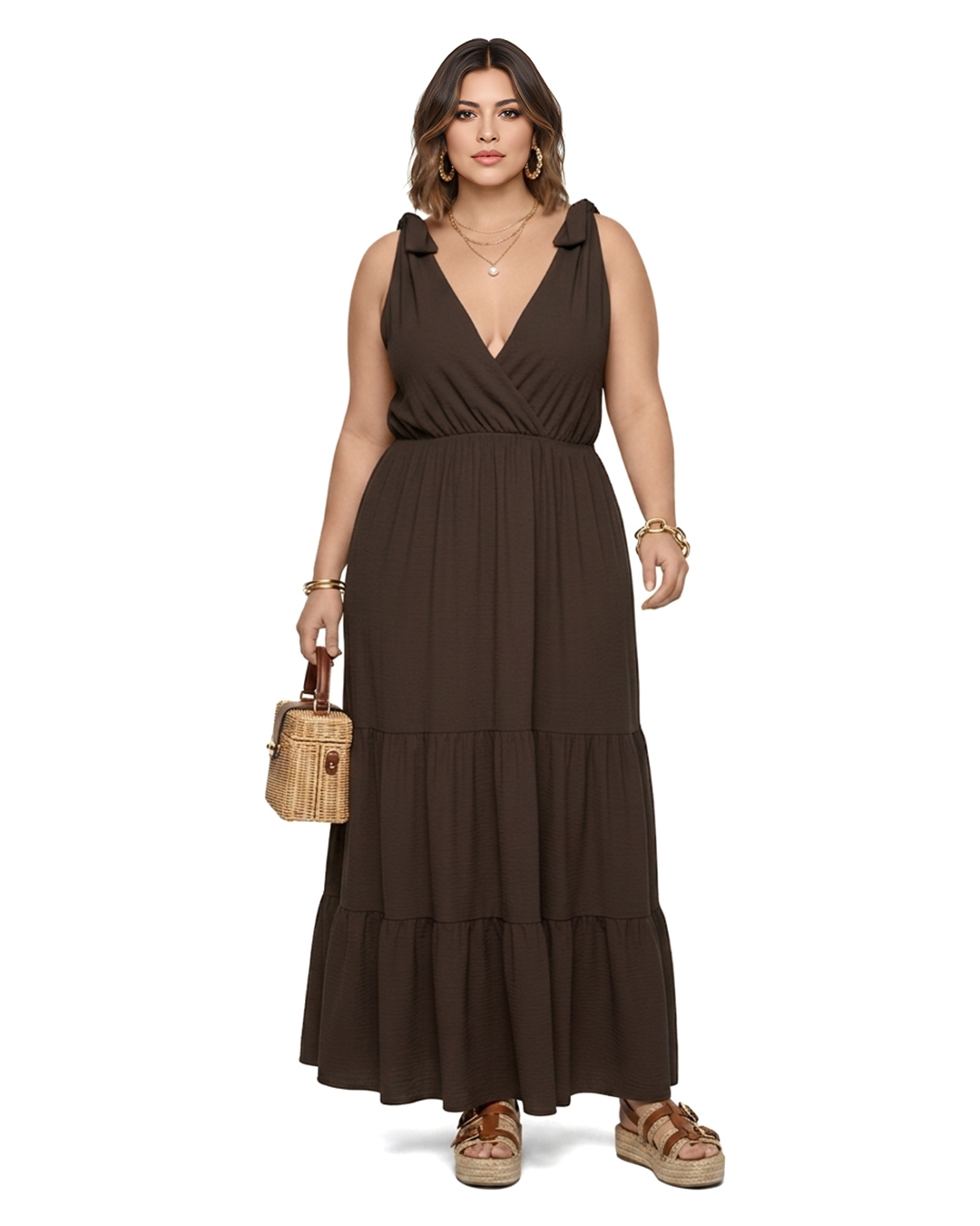 Vestido Gea: vestido gea largo boho chic en color chocolate con tirantes de lazada de Quiles_Shop.