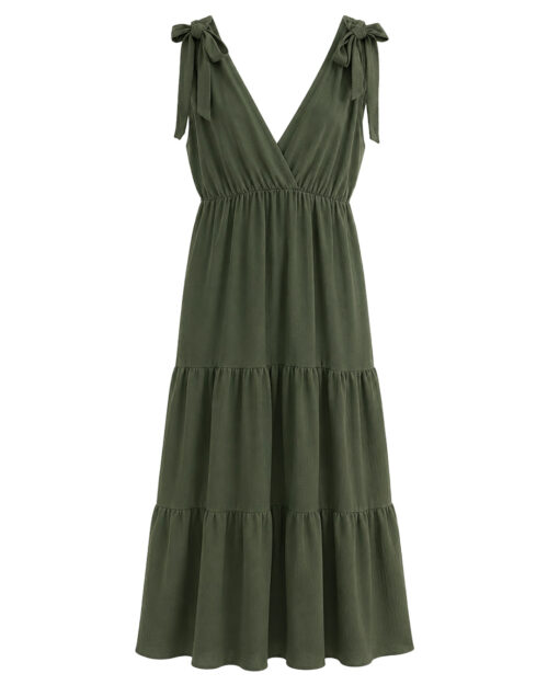 Vestido Gea: vestido gea largo boho chic en color verde con tirantes de lazada de Quiles_Shop.