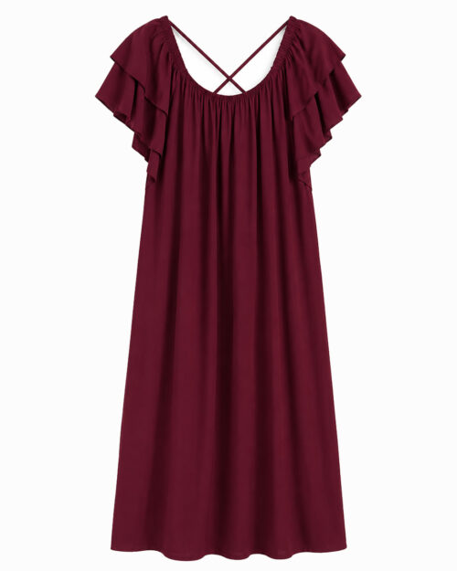 Vestido Maia: vestido de fiesta tallas grandes barato en color burdeos con bolsillos y espalda cruzada de Quiles_Shop.