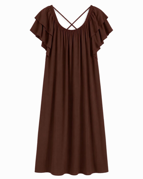 Vestido Maia: vestido de fiesta tallas grandes barato en color marrón con bolsillos y espalda cruzada de Quiles_Shop.