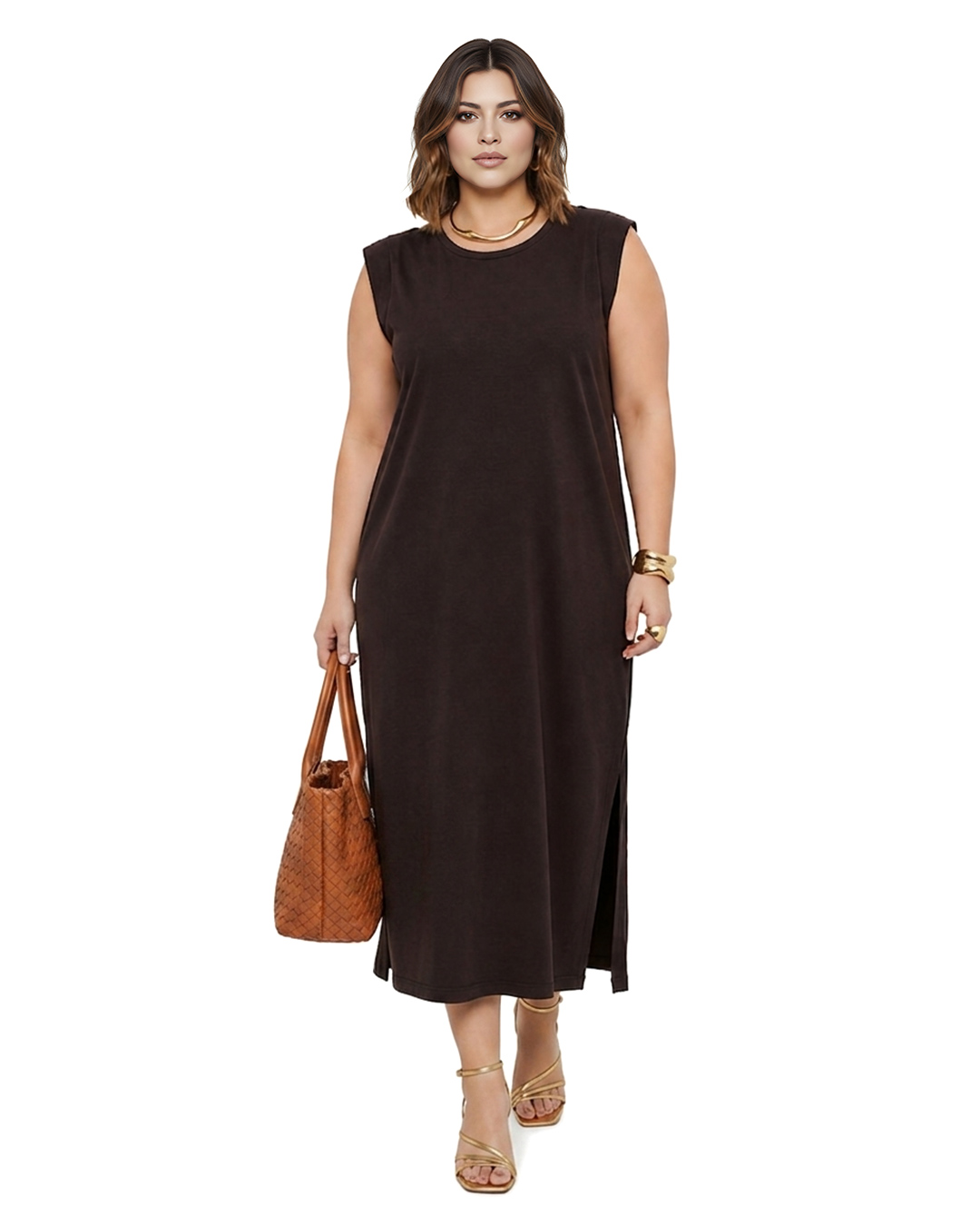 Vestido Minimal: vestido largo minimalista cómodo para mujer real de tallas grandes baratas con cuello redondo, diseño sin mangas de hombro prolongado y aberturas laterales en el bajo de Quiles_Shop.