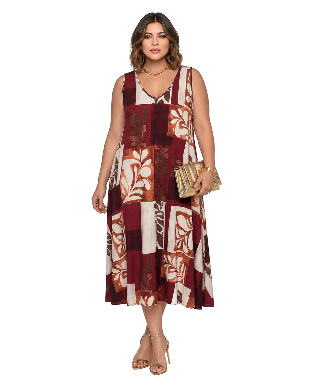 Vestido Mosaico: vestido largo de tirantes anchos para mujeres reales de tallas curvy con escote en pico y un estampado geométrico de hojas y cuadros de Quiles_Shop.