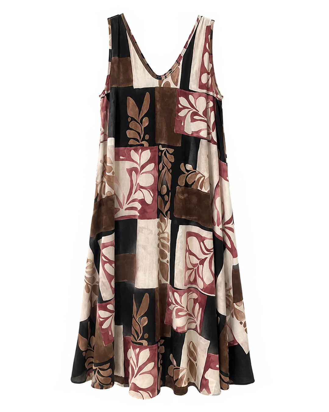 Vestido Mosaico: vestido largo de licra fría para mujeres reales de tallas curvy con escote en pico, tirante ancho y estampado geométrico de motivos florales de Quiles_Shop.