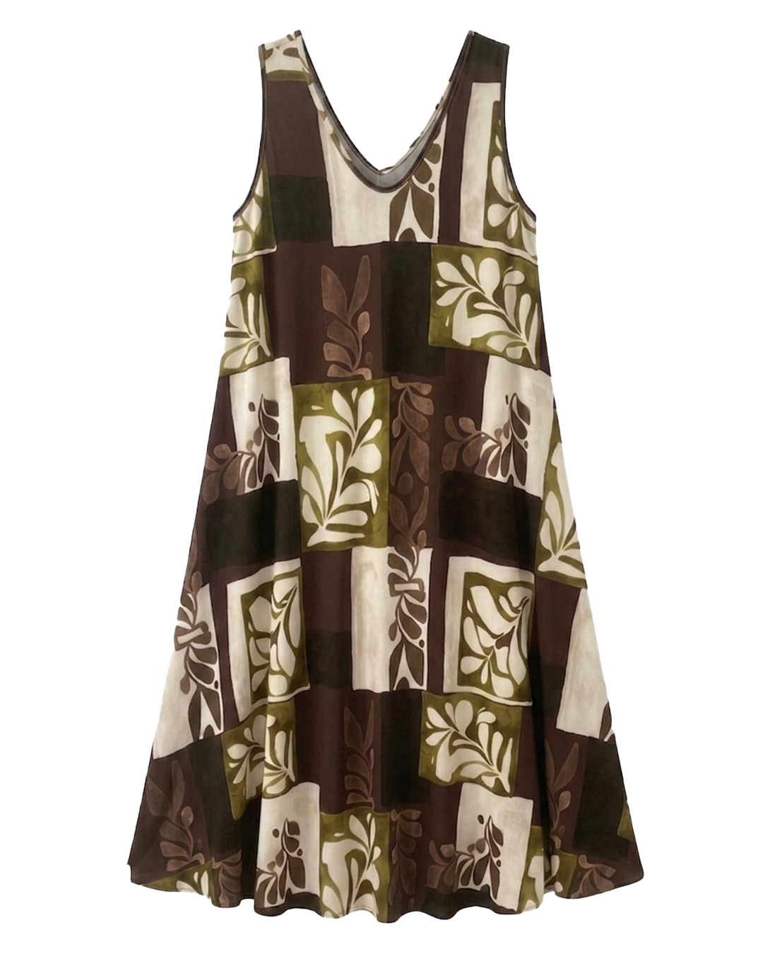 Vestido Mosaico: vestido largo de licra fría para mujeres reales de tallas curvy con escote en pico, tirante ancho y estampado geométrico de motivos florales de Quiles_Shop.