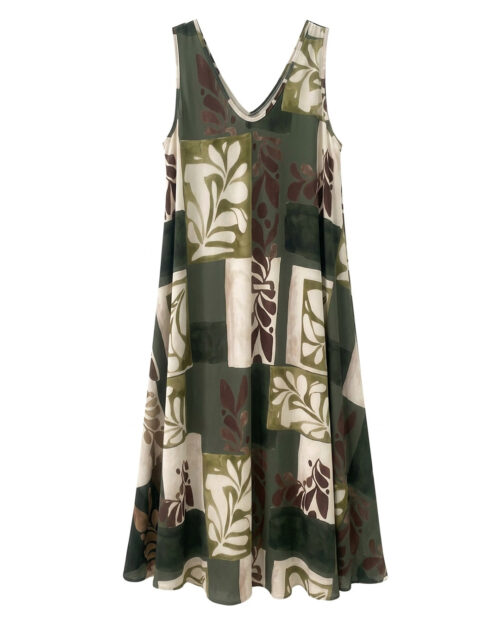 Vestido Mosaico: vestido largo de licra fría para mujeres reales de tallas curvy con escote en pico, tirante ancho y estampado geométrico de motivos florales de Quiles_Shop.