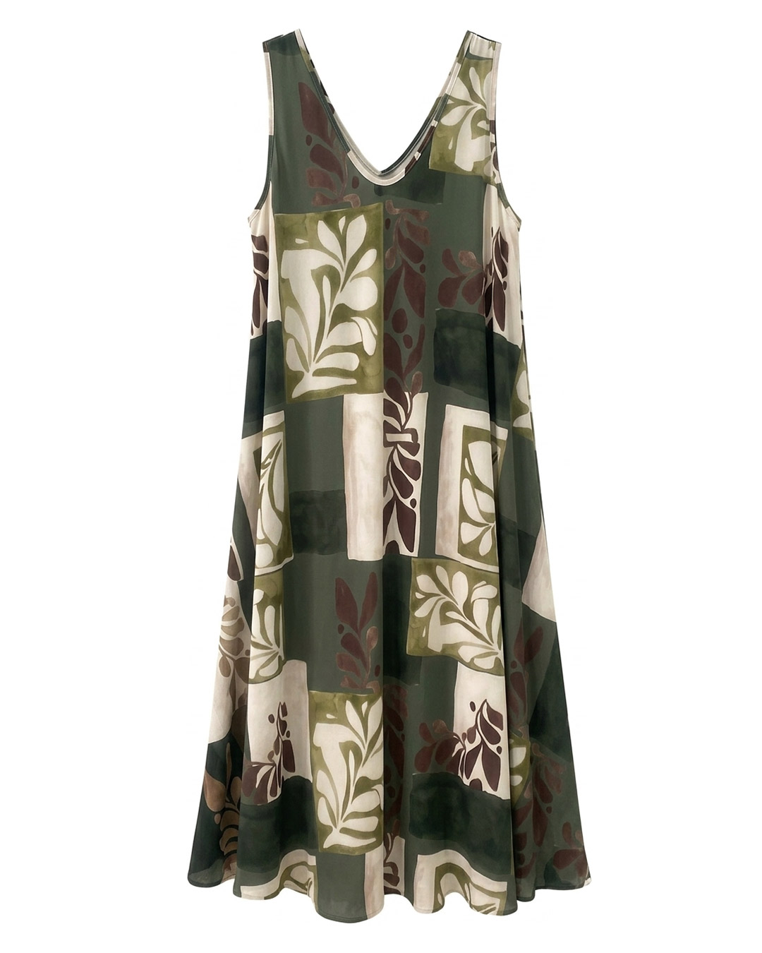Vestido Mosaico: vestido largo de licra fría para mujeres reales de tallas curvy con escote en pico, tirante ancho y estampado geométrico de motivos florales de Quiles_Shop.