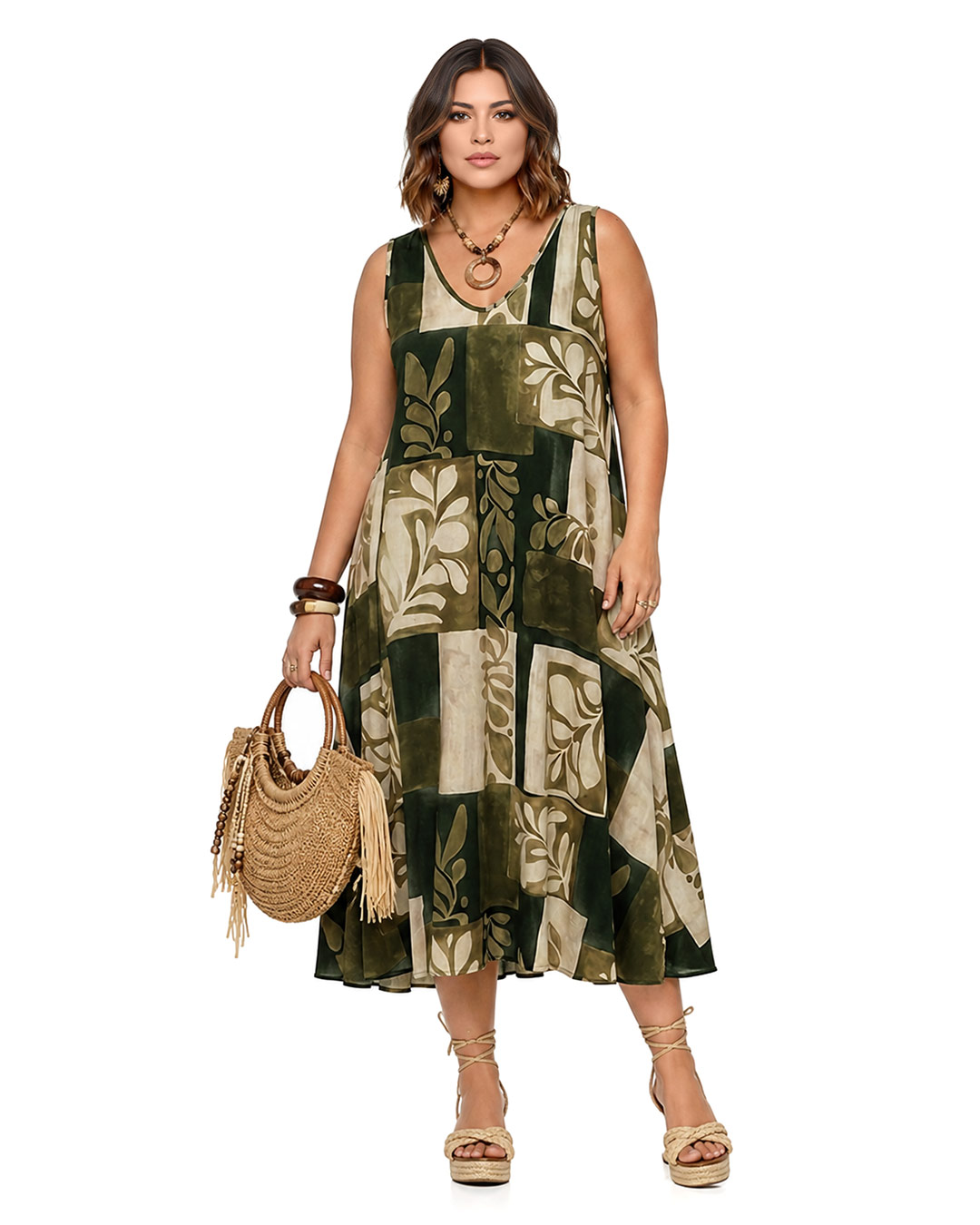 Vestido Mosaico: vestido largo de licra fría para mujeres reales de tallas curvy con escote en pico, tirante ancho y estampado geométrico de motivos florales de Quiles_Shop.