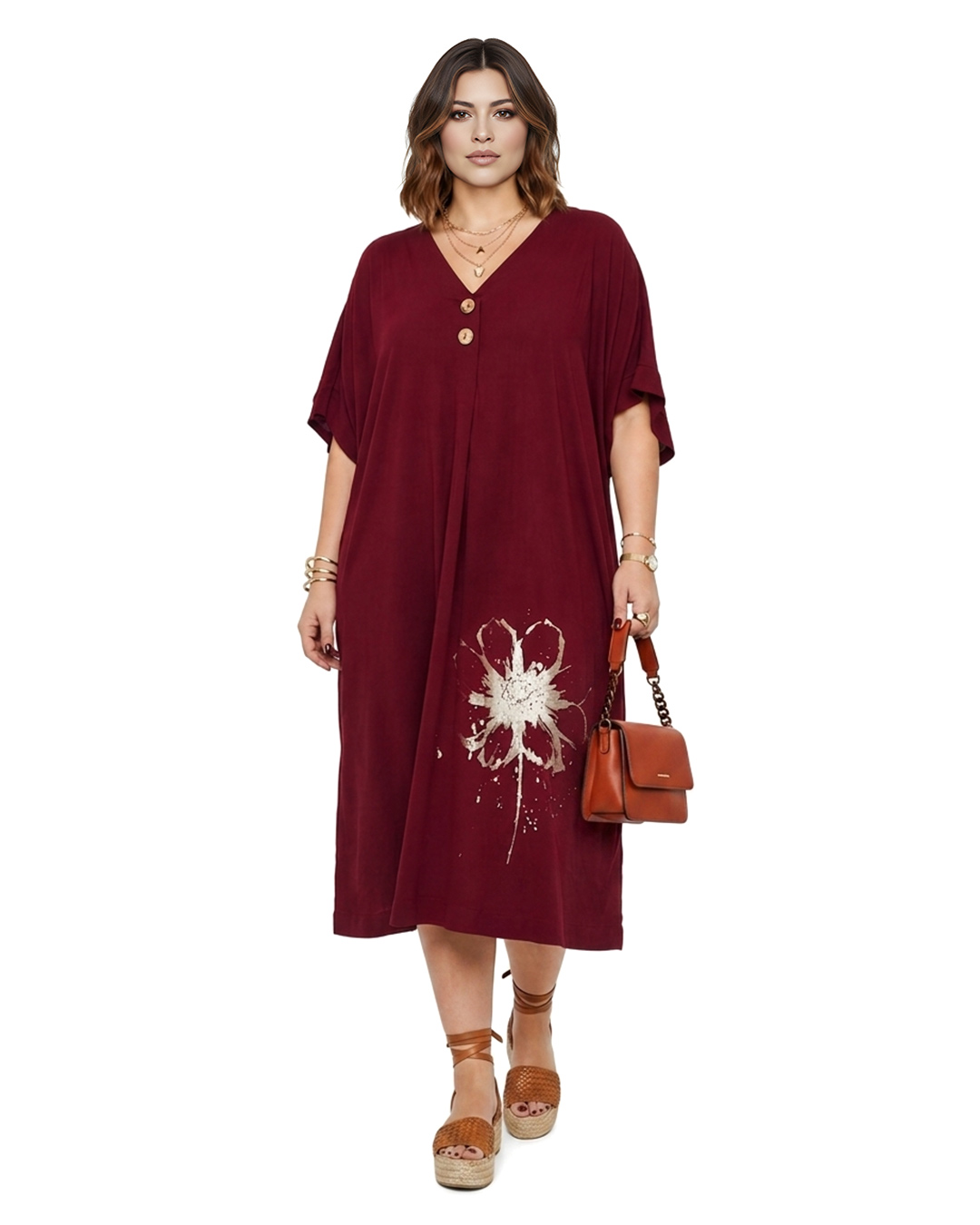 Vestido Petalos: vestido casual midi de lino para mujer real de tallas grandes baratas con cuello en pico con botones, manga corta suelta y detalle de flor metalizada de Quiles_Shop.