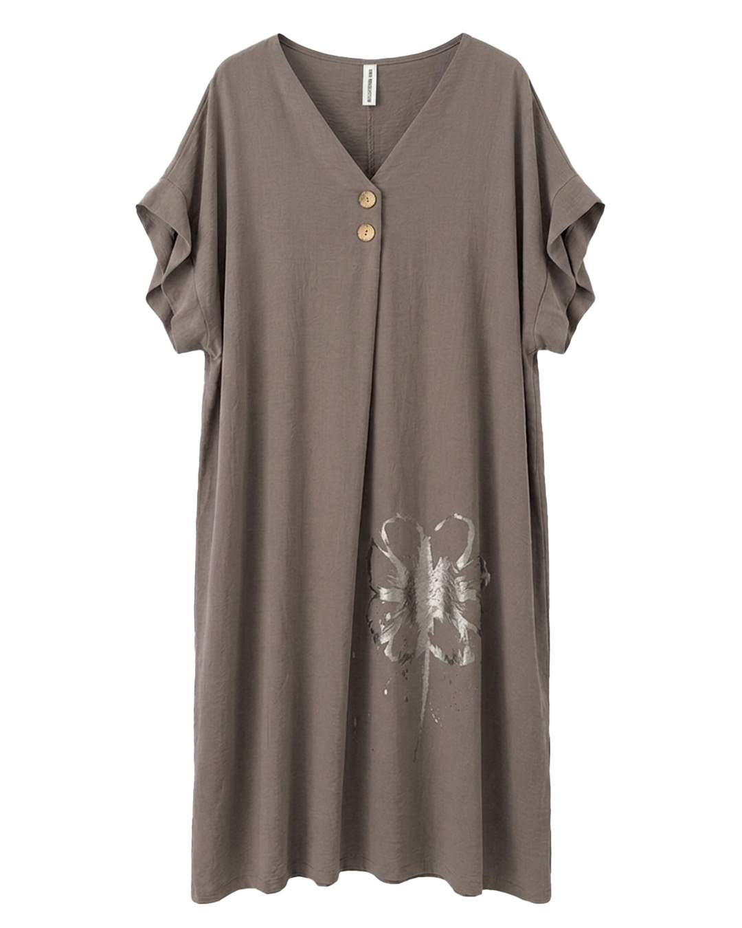 Vestido Petalos: vestido casual midi de lino para mujer real de tallas grandes baratas con cuello en pico con botones, manga corta suelta y detalle de flor metalizada de Quiles_Shop.