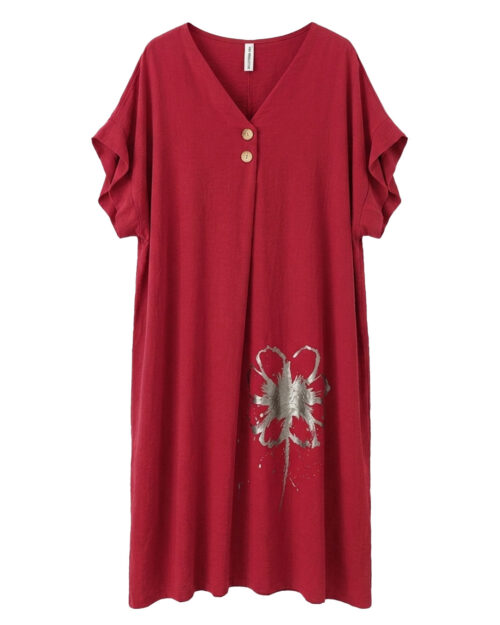 Vestido Petalos: vestido casual midi de lino para mujer real de tallas grandes baratas con cuello en pico con botones, manga corta suelta y detalle de flor metalizada de Quiles_Shop.