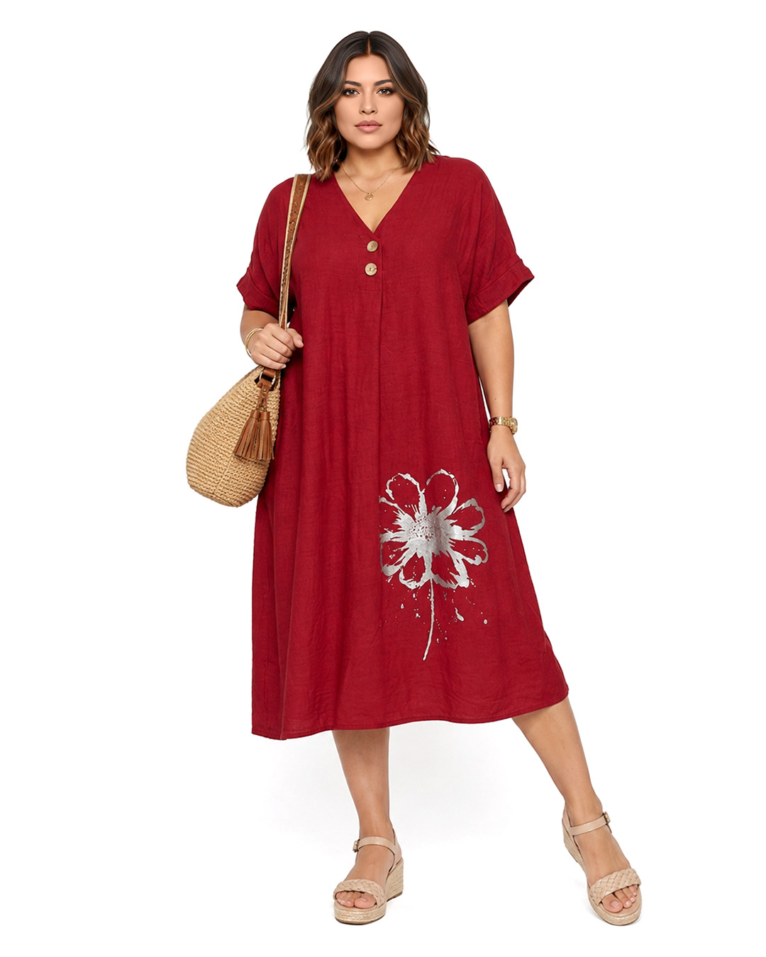 Vestido Petalos: vestido casual midi de lino para mujer real de tallas grandes baratas con cuello en pico con botones, manga corta suelta y detalle de flor metalizada de Quiles_Shop.