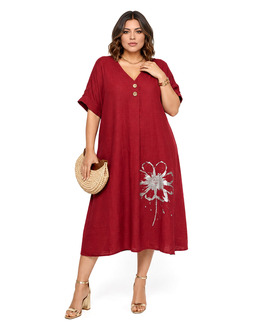 Vestido Petalos: vestido casual midi de lino para mujer real de tallas grandes baratas con cuello en pico con botones, manga corta suelta y detalle de flor metalizada de Quiles_Shop.