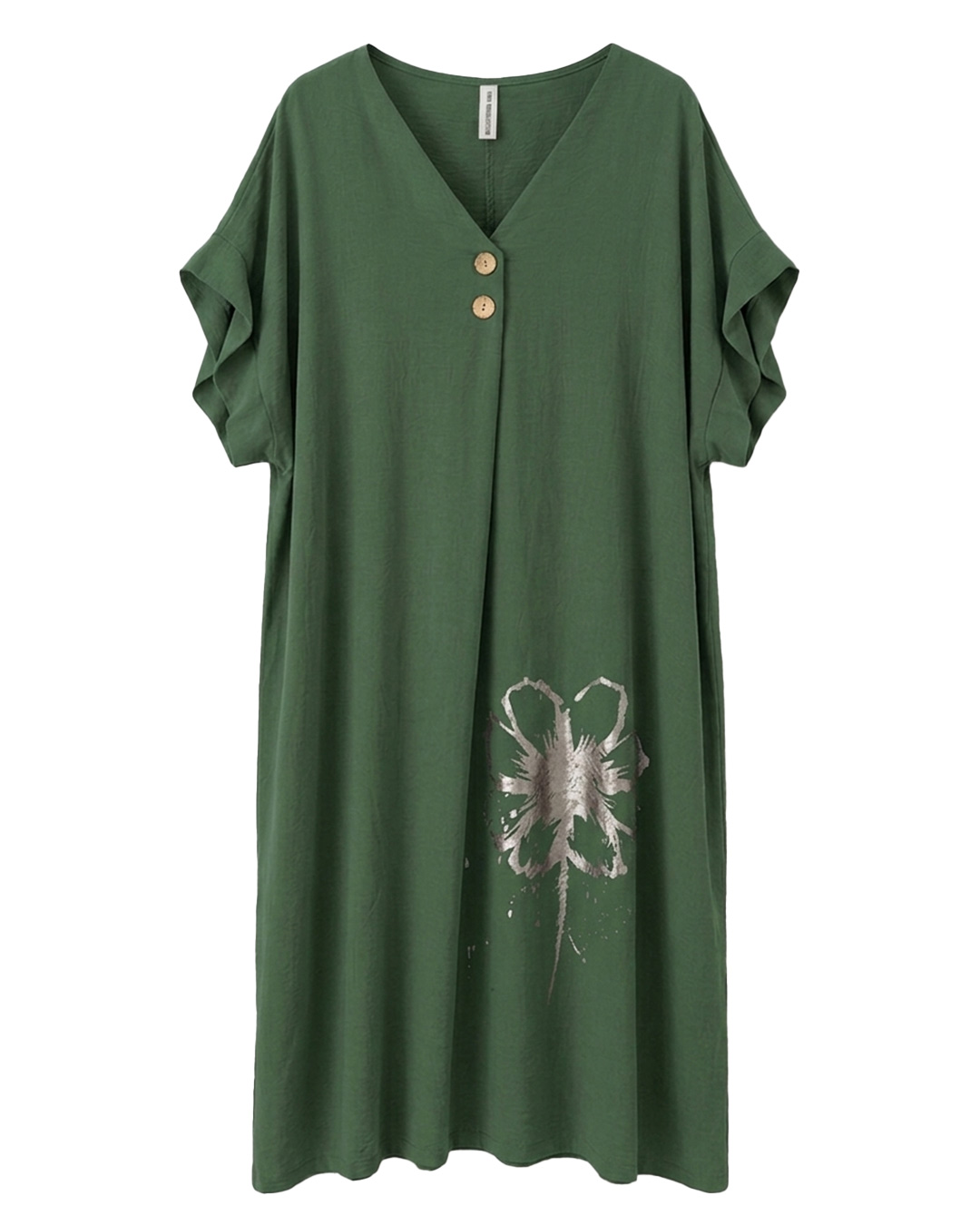 Vestido Petalos: vestido casual midi de lino para mujer real de tallas grandes baratas con cuello en pico con botones, manga corta suelta y detalle de flor metalizada de Quiles_Shop.