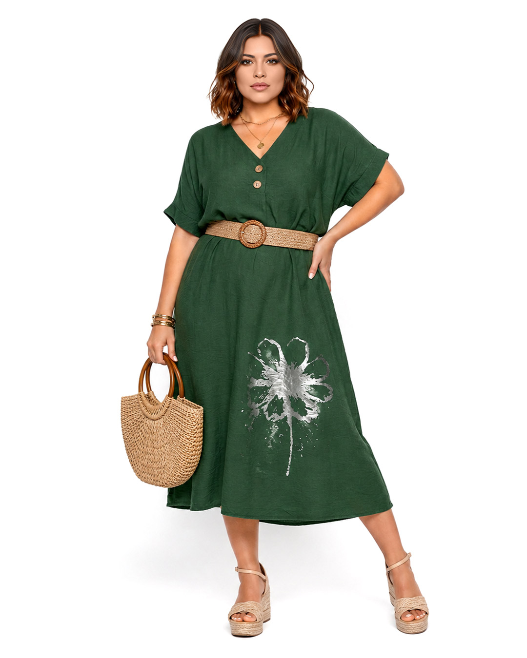 Vestido Petalos: vestido casual midi de lino para mujer real de tallas grandes baratas con cuello en pico con botones, manga corta suelta y detalle de flor metalizada de Quiles_Shop.