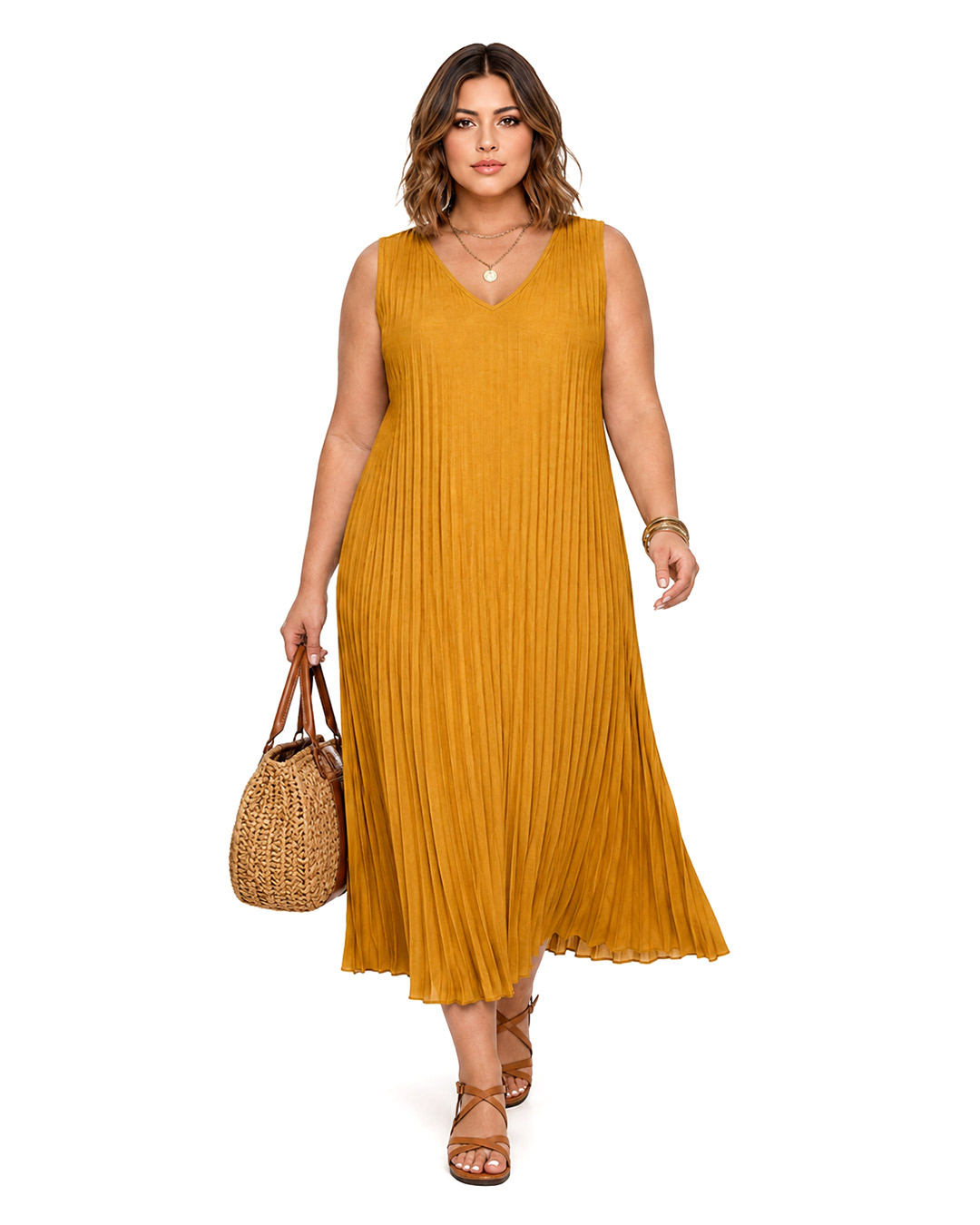 Vestido Plisado: vestido midi de tejido suelto con pliegues para mujeres reales de tallas curvy con escote en pico, diseño sin mangas y corte en diagonal de Quiles_Shop.