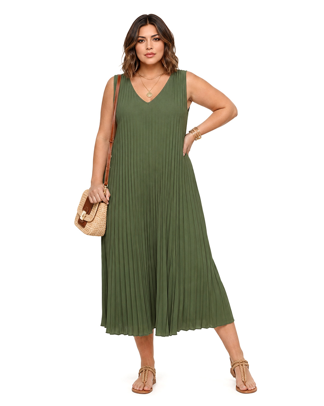 Vestido Plisado: vestido midi de tejido suelto con pliegues para mujeres reales de tallas curvy con escote en pico, diseño sin mangas y corte en diagonal de Quiles_Shop.