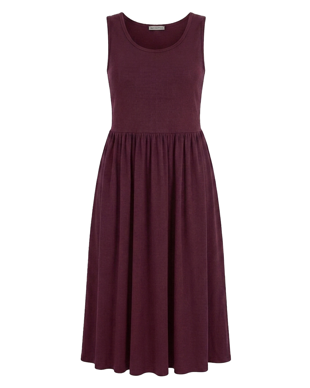 Vestido Rhea: vestido largo de corte imperio para mujeres reales de tallas curvy con cuerpo de punto de canalé sin mangas, cuello redondo y falda de tejido fluido con vuelo de Quiles_Shop.