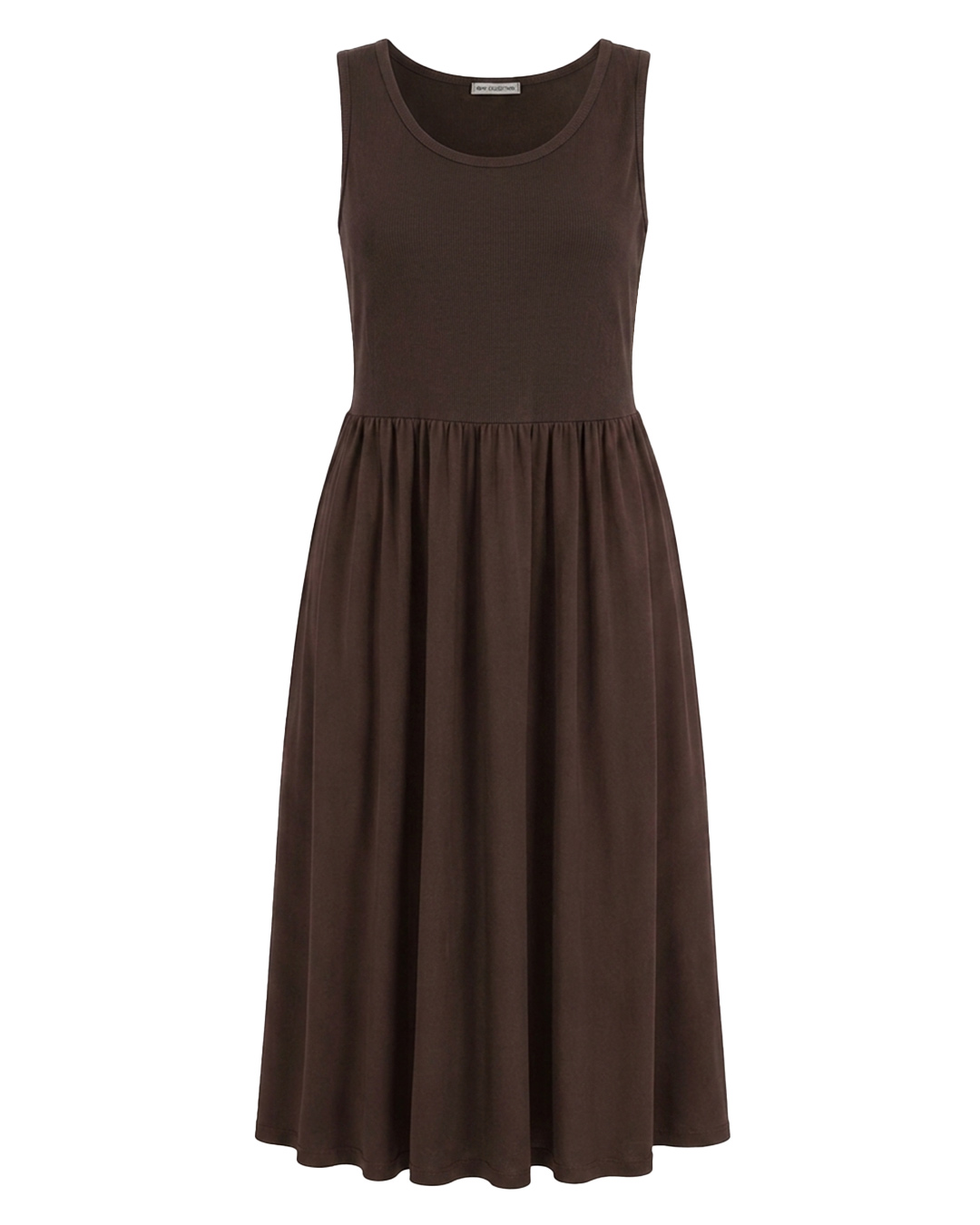 Vestido Rhea: vestido largo de corte imperio para mujeres reales de tallas curvy con cuerpo de punto de canalé sin mangas, cuello redondo y falda de tejido fluido con vuelo de Quiles_Shop.