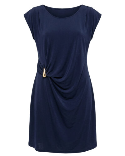 Vestido Selene: vestido selene punto fluido elegante en color azul marino con detalle dorado lateral de Quiles_Shop.