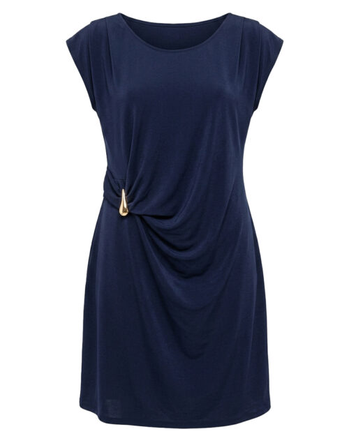 Vestido Selene: vestido selene punto fluido elegante en color azul marino con detalle dorado lateral de Quiles_Shop.