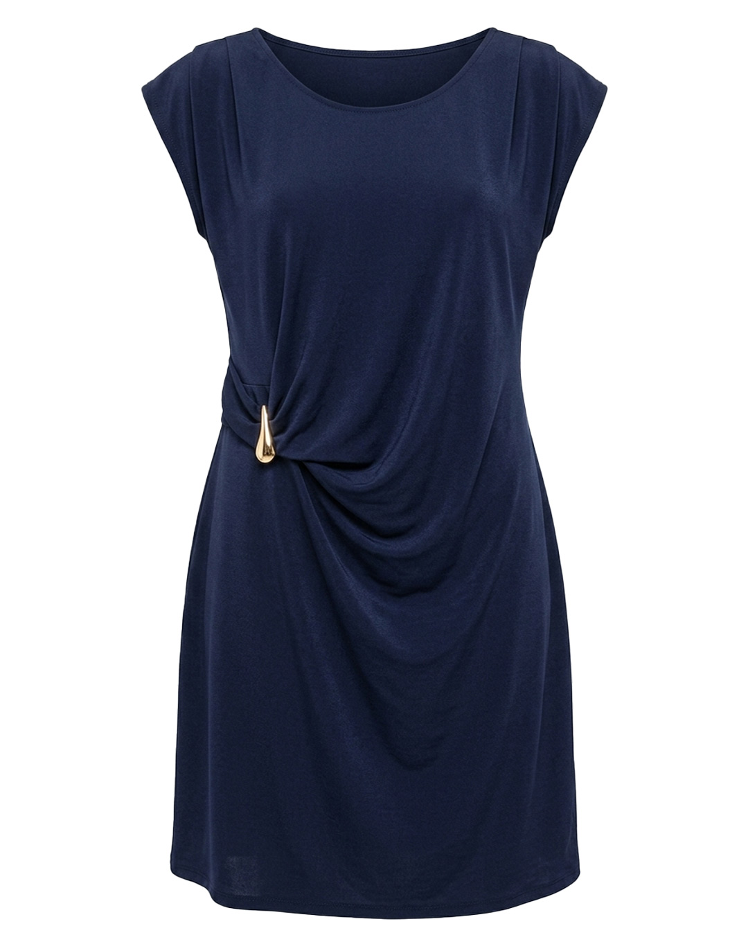 Vestido Selene: vestido selene punto fluido elegante en color azul marino con detalle dorado lateral de Quiles_Shop.