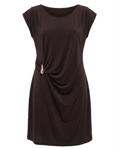 Vestido Selene: vestido selene punto fluido elegante en color marron chocolate con detalle dorado lateral de Quiles_Shop.