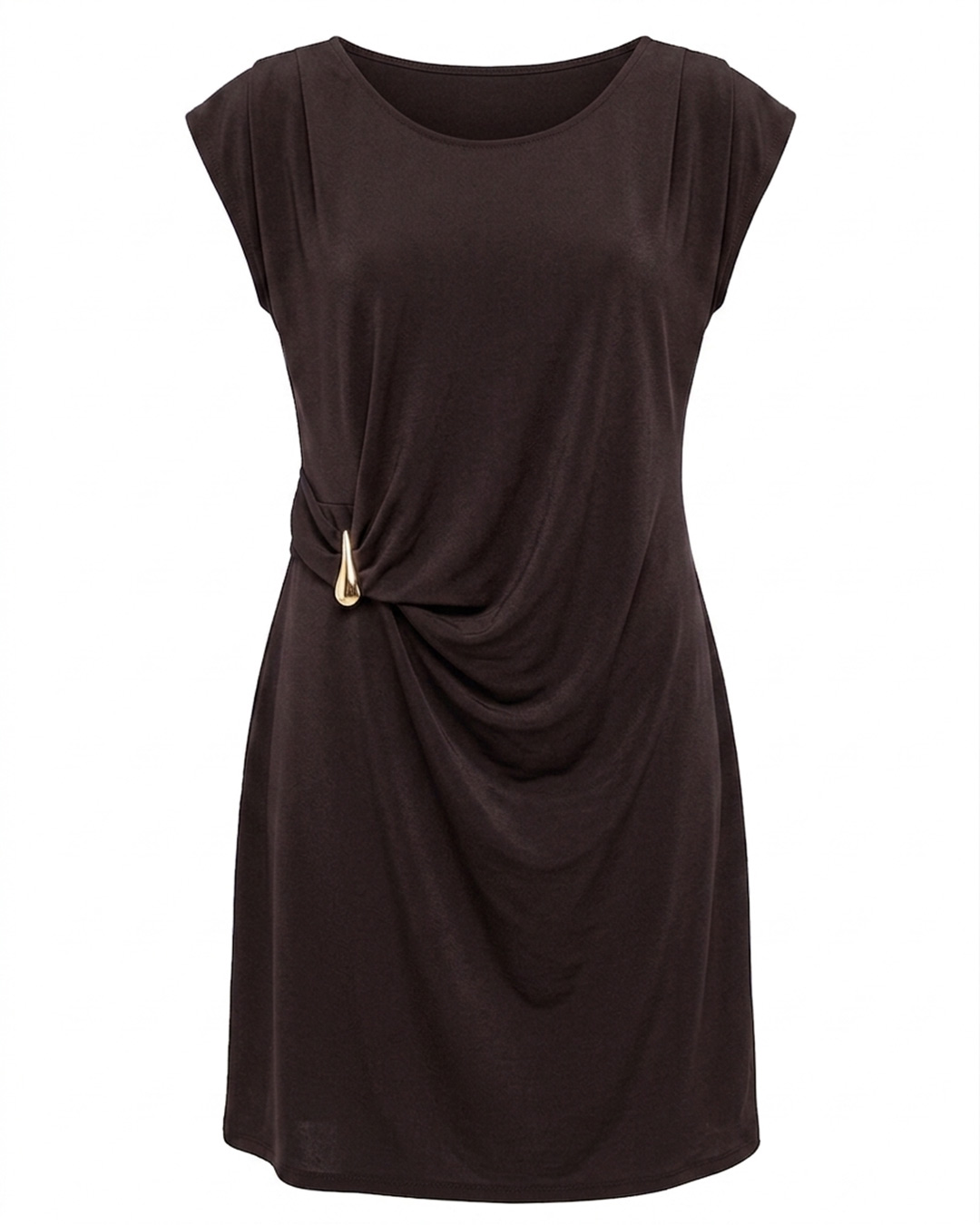 Vestido Selene: vestido selene punto fluido elegante en color marron chocolate con detalle dorado lateral de Quiles_Shop.