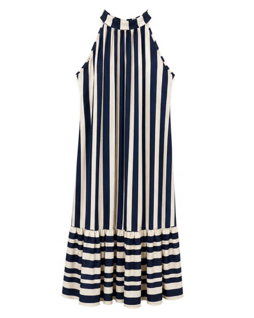 Vestido Temis: vestido largo de rayas para mujeres reales con cuello halter, espalda con lazada elegante y bajo con volante de Quiles_Shop.