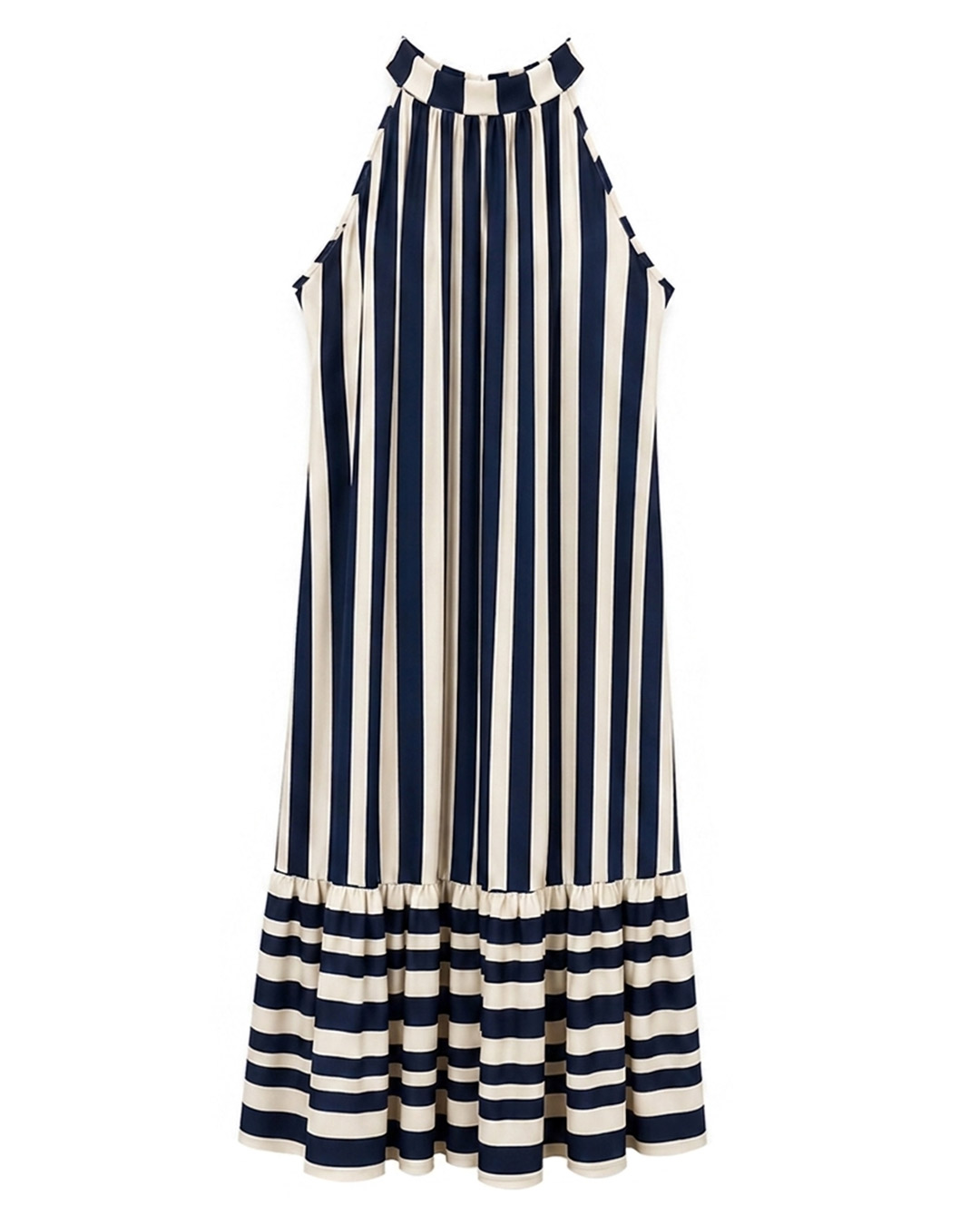 Vestido Temis: vestido largo de rayas para mujeres reales con cuello halter, espalda con lazada elegante y bajo con volante de Quiles_Shop.