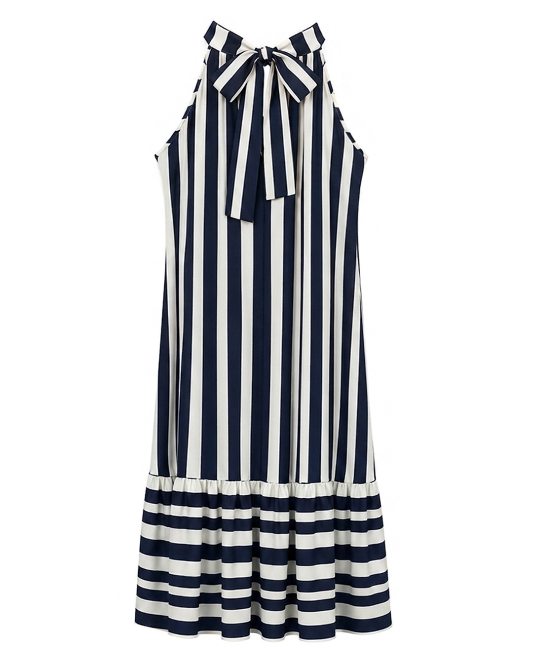 Vestido Temis: vestido largo de rayas para mujeres reales con cuello halter, espalda con lazada elegante y bajo con volante de Quiles_Shop.