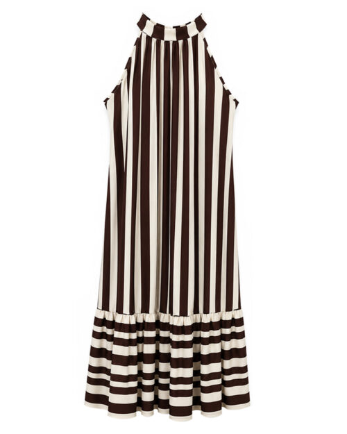 Vestido Temis: vestido largo de rayas para mujeres reales con cuello halter, espalda con lazada elegante y bajo con volante de Quiles_Shop.