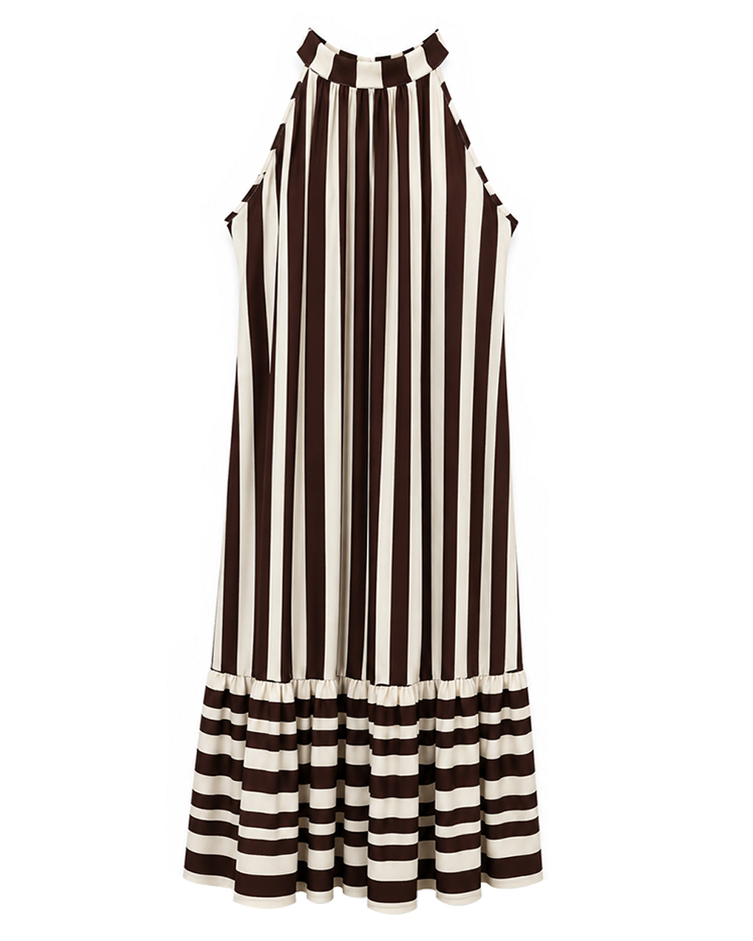 Vestido Temis: vestido largo de rayas para mujeres reales con cuello halter, espalda con lazada elegante y bajo con volante de Quiles_Shop.