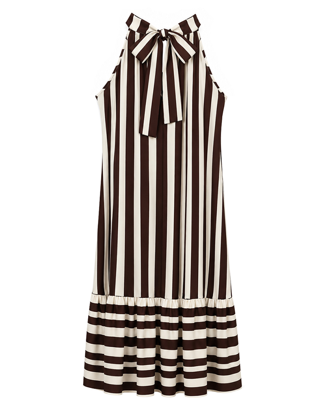 Vestido Temis: vestido largo de rayas para mujeres reales con cuello halter, espalda con lazada elegante y bajo con volante de Quiles_Shop.