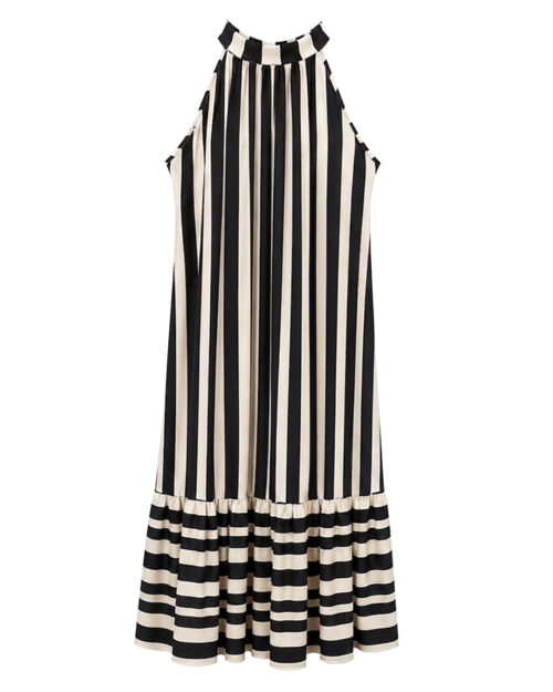 Vestido Temis: vestido largo de rayas para mujeres reales con cuello halter, espalda con lazada elegante y bajo con volante de Quiles_Shop.