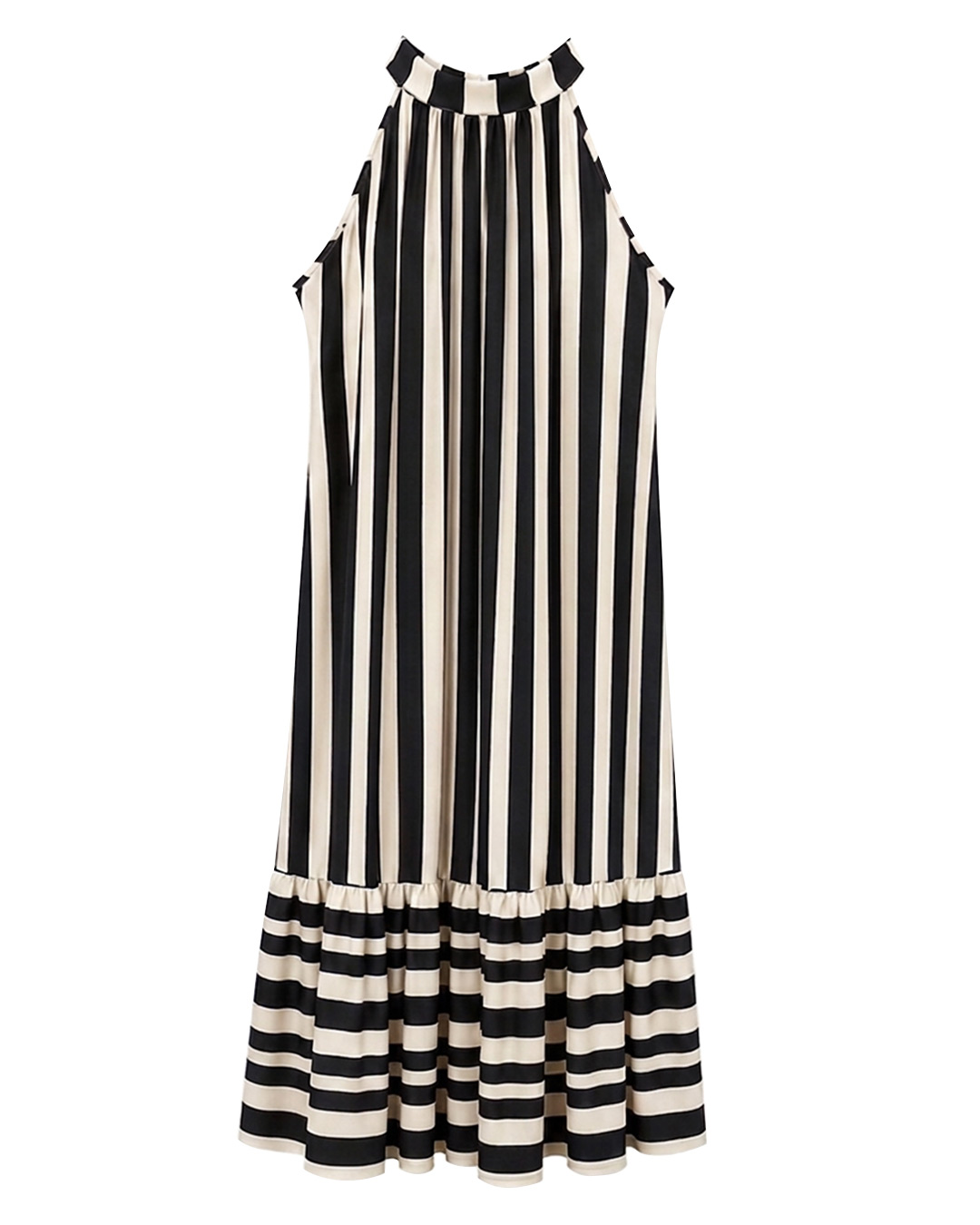 Vestido Temis: vestido largo de rayas para mujeres reales con cuello halter, espalda con lazada elegante y bajo con volante de Quiles_Shop.