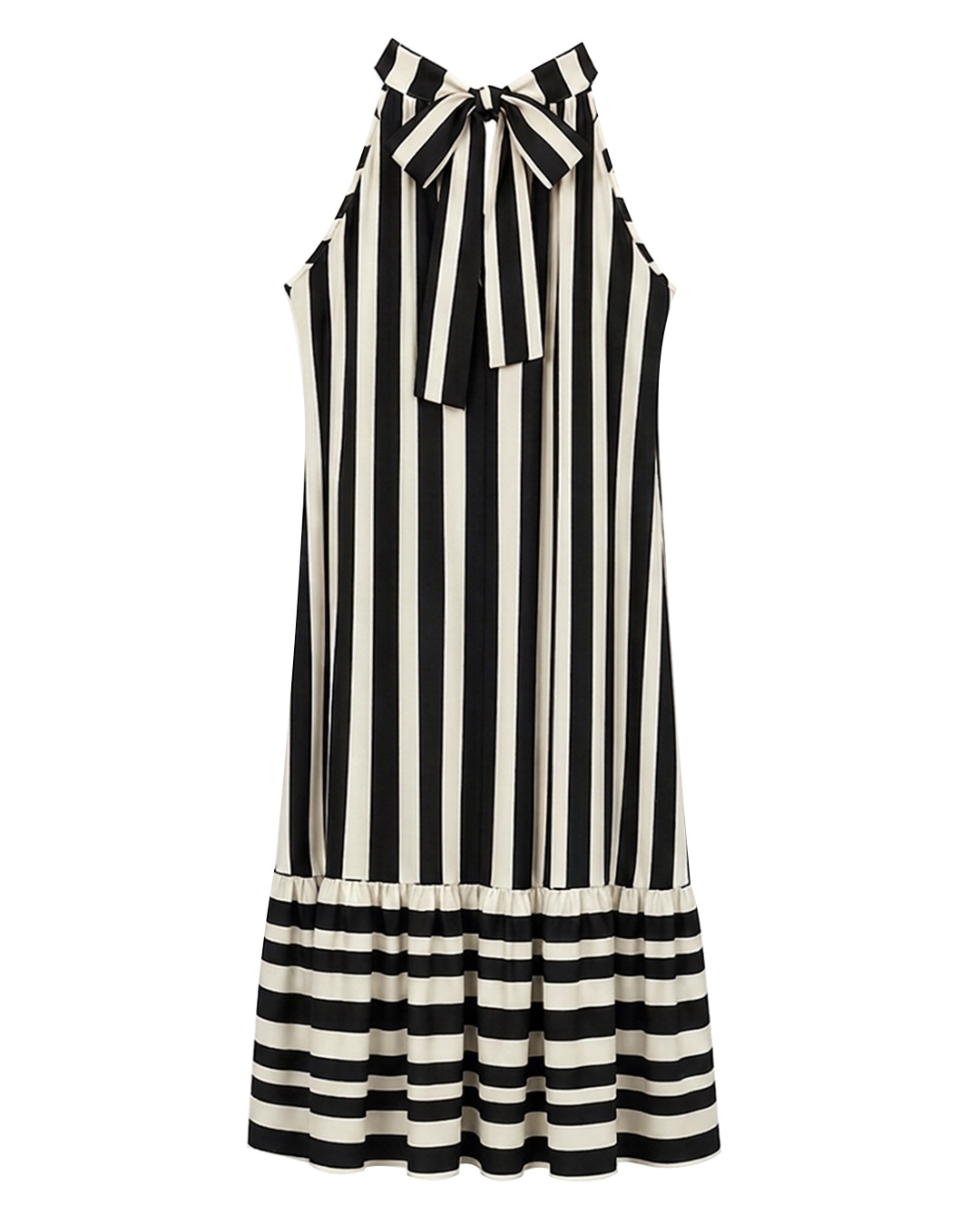 Vestido Temis: vestido largo de rayas para mujeres reales con cuello halter, espalda con lazada elegante y bajo con volante de Quiles_Shop.