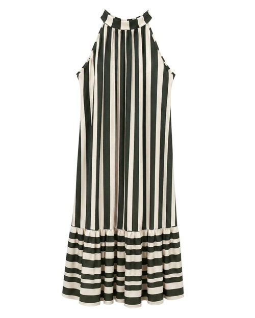 Vestido Temis: vestido largo de rayas para mujeres reales con cuello halter, espalda con lazada elegante y bajo con volante de Quiles_Shop.