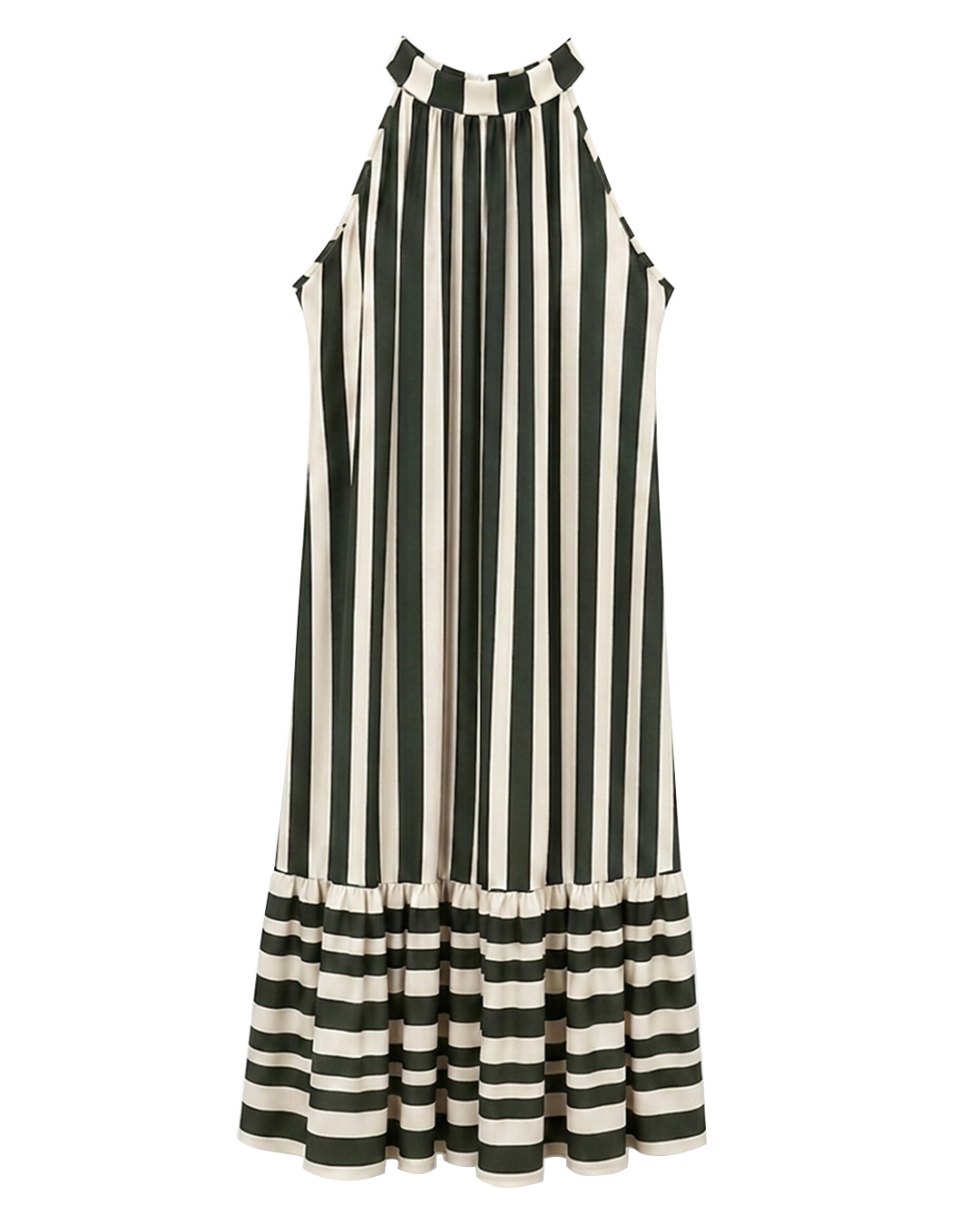 Vestido Temis: vestido largo de rayas para mujeres reales con cuello halter, espalda con lazada elegante y bajo con volante de Quiles_Shop.