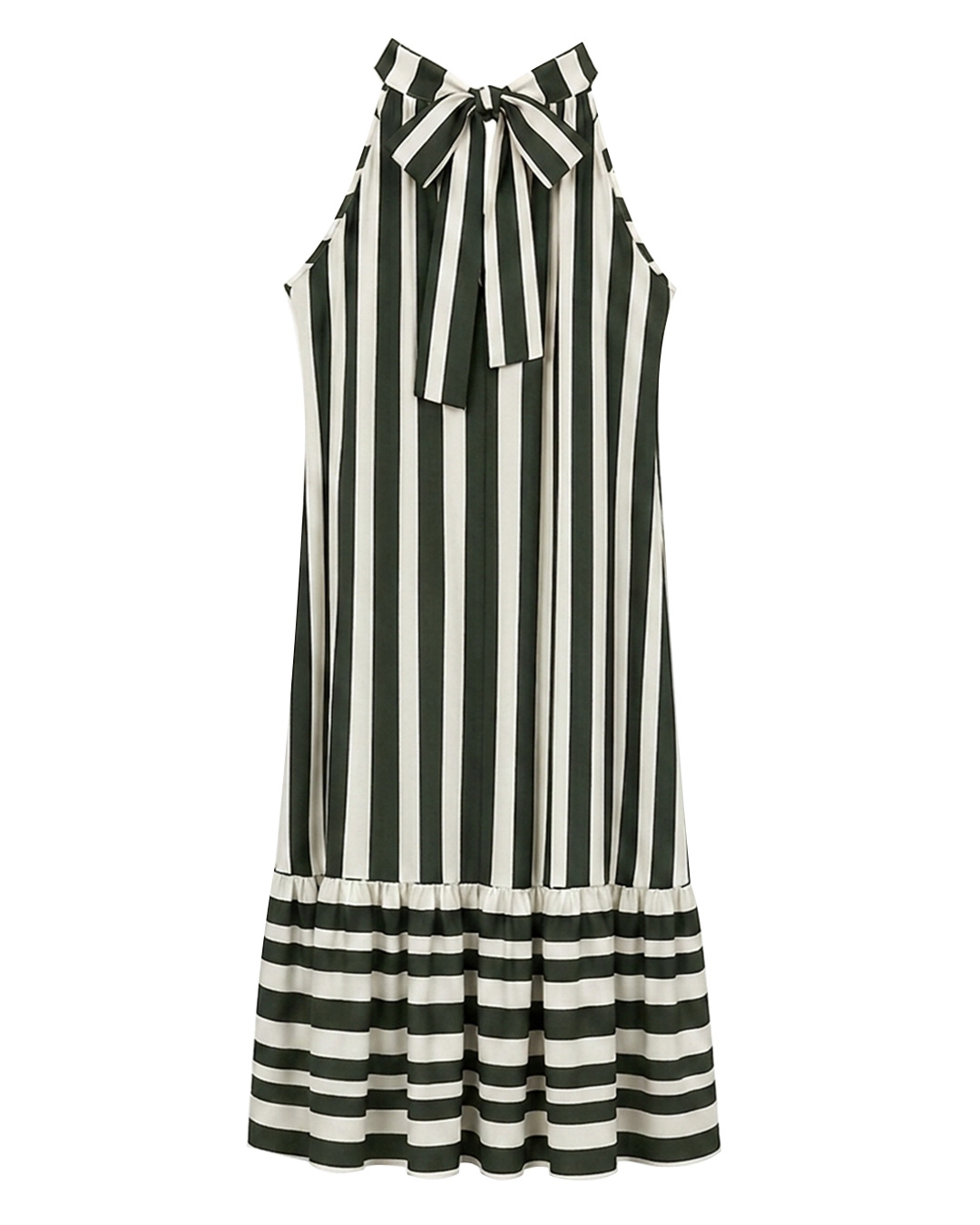 Vestido Temis: vestido largo de rayas para mujeres reales con cuello halter, espalda con lazada elegante y bajo con volante de Quiles_Shop.