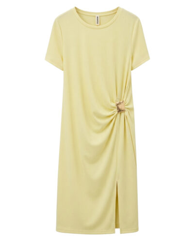 Vestido Venus: vestido maxi de punto para mujer real de tallas grandes baratas con cuello redondo, manga corta, detalle fruncido drapeado con hebilla lateral y abertura en la falda de Quiles_Shop.