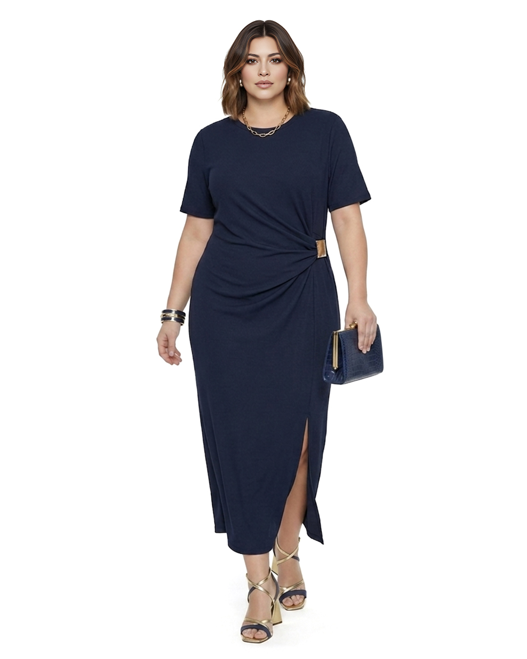Vestido Venus: vestido maxi de punto para mujer real de tallas grandes baratas con cuello redondo, manga corta, detalle fruncido drapeado con hebilla lateral y abertura en la falda de Quiles_Shop.