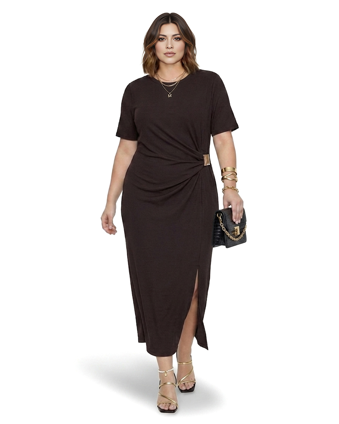 Vestido Venus: vestido maxi de punto para mujer real de tallas grandes baratas con cuello redondo, manga corta, detalle fruncido drapeado con hebilla lateral y abertura en la falda de Quiles_Shop.