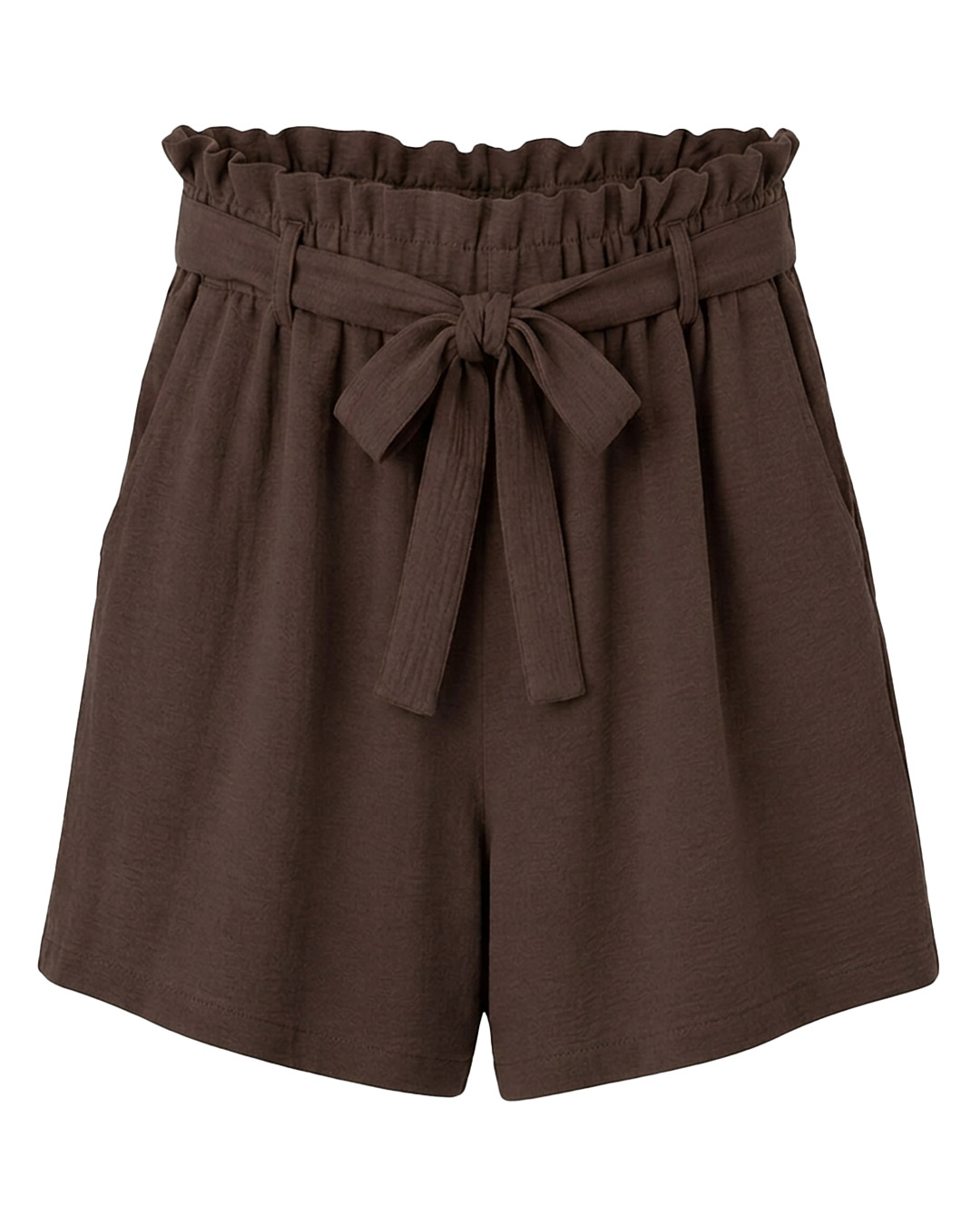 Bermuda Saona: pantalón corto de tiro alto para mujeres reales de tallas curvy con cintura elástica de estilo paperbag, bolsillos laterales y lazo decorativo de Quiles_Shop.