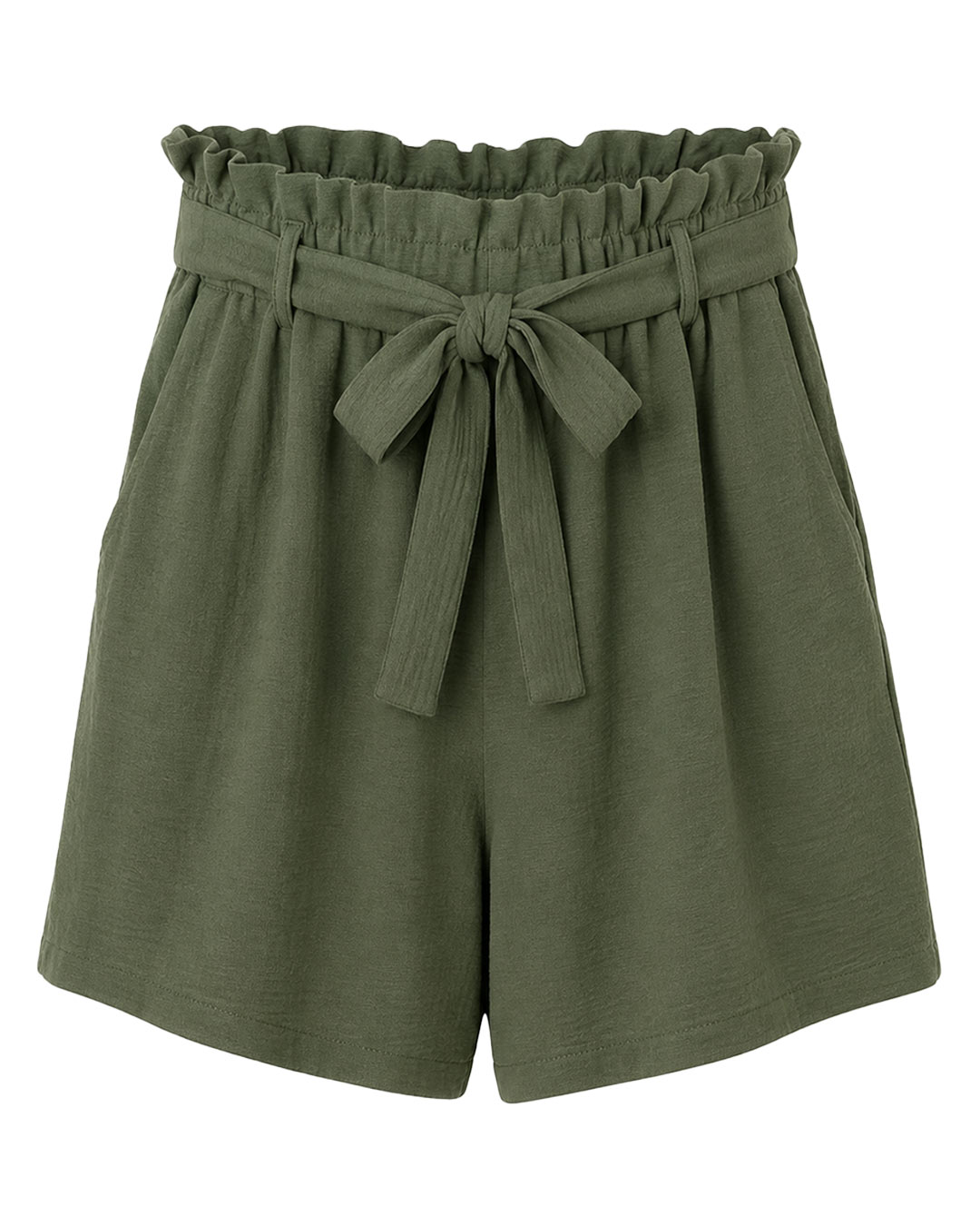 Bermuda Saona: pantalón corto de tiro alto para mujeres reales de tallas curvy con cintura elástica de estilo paperbag, bolsillos laterales y lazo decorativo de Quiles_Shop.