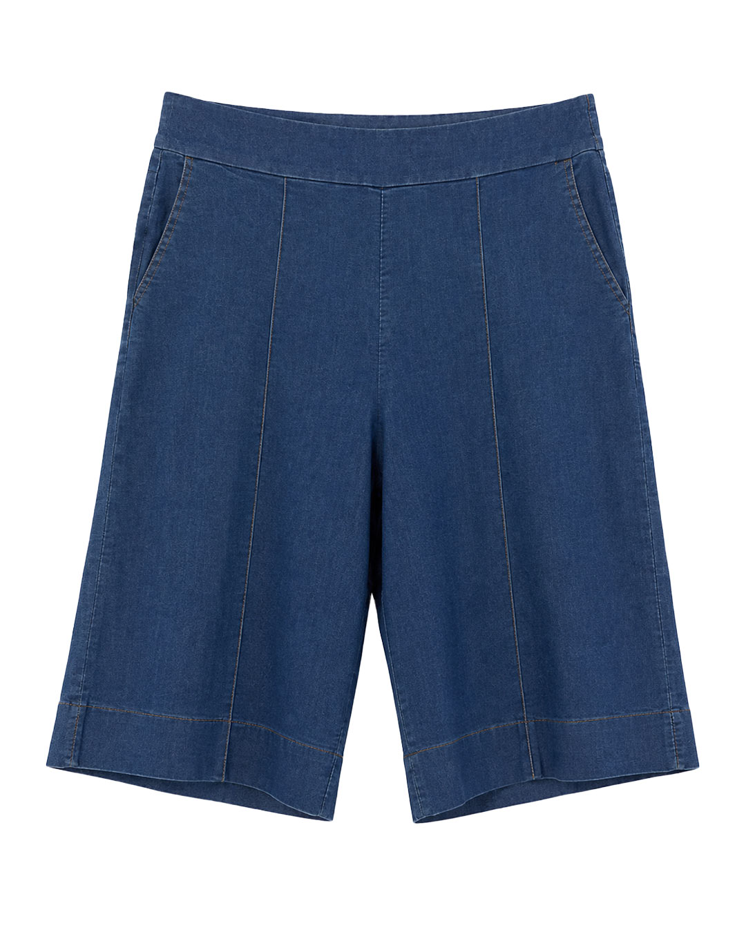 Bermuda Vaquera Sastre: pantalón corto de diario estilo sastre en tejido fino efecto vaquero azul con bolsillos y cinturilla engomada de Quiles_Shop.