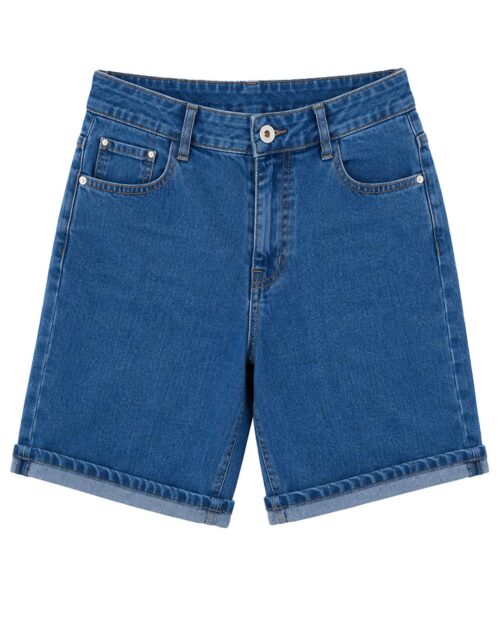 Bermuda Vaquera: pantalón corto vaquero elástico de talle alto con dobladillo ajustable en el bajo para mujeres reales de tallas curvy de Quiles_Shop.