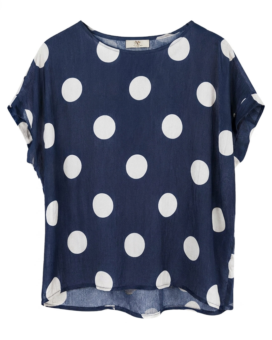 Blusa Compás: blusa holgada de manga corta caída para mujeres reales de tallas curvy con estampado de lunares grandes y bajo asimétrico de Quiles_Shop.